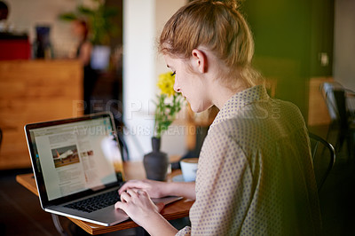 Buy stock photo Laptop, typing and woman in cafe with content writing, travel blog and social media management. Planning, editing and freelancer girl in coffee shop with remote work, online research or website ideas