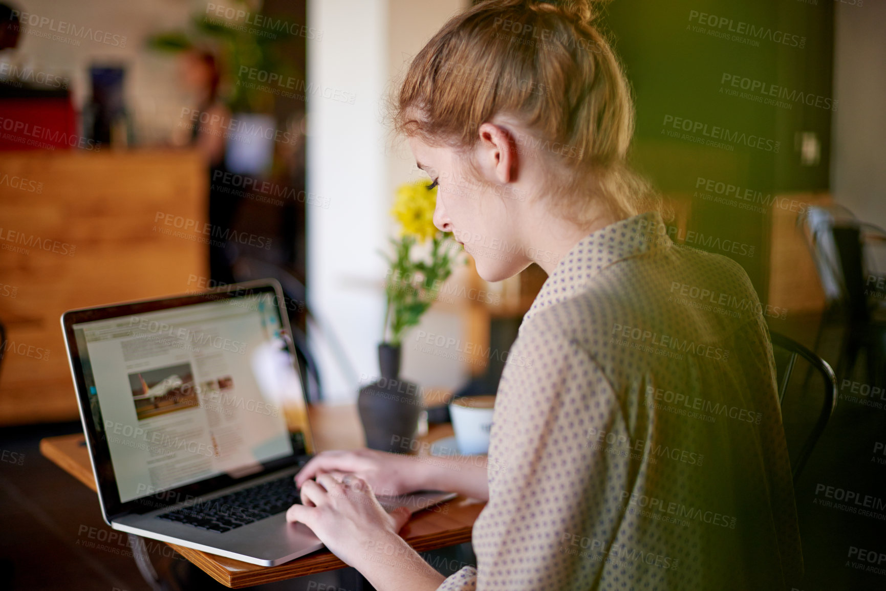 Buy stock photo Laptop, typing and woman in cafe with content writing, travel blog and social media management. Planning, editing and freelancer girl in coffee shop with remote work, online research or website ideas