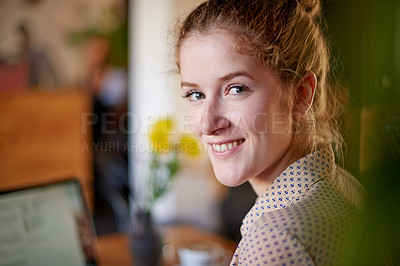 Buy stock photo Laptop, portrait and woman in coffee shop with remote work, travel blog and social media management. Planning, web editing and freelancer girl in cafe with content writer, online research and smile