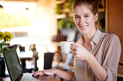 Buy stock photo Laptop, portrait and happy woman in coffee shop with remote work, drink and social media management. Planning, web editing and freelancer girl in cafe with content writer, online research and smile