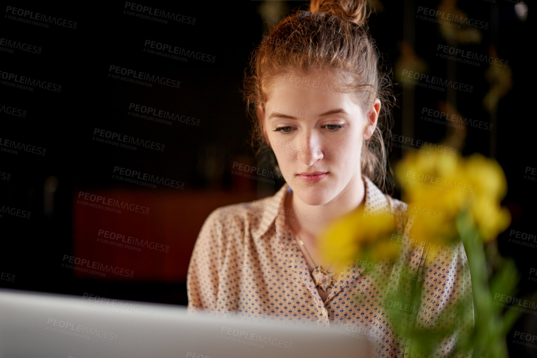 Buy stock photo Laptop, research and woman in coffee shop with editing, remote work and social media management. Web planning, typing and freelancer girl in cafe with content writer, online report and copywriting