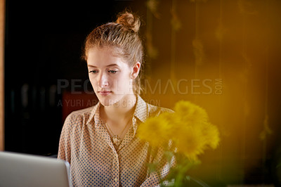 Buy stock photo Laptop, planning and woman in coffee shop with ideas, remote work and social media management. Business, web editing and freelancer girl in cafe with content writer, online research or copywriting