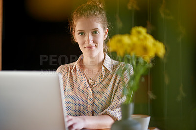 Buy stock photo Laptop, portrait and woman in coffee shop with smile, remote work and social media management. Business plan, editing and freelancer girl in cafe with content writer, online research or copywriting