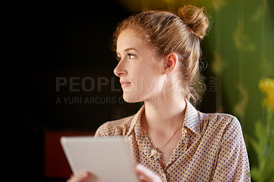 Buy stock photo Remote work, tablet and thinking with woman in cafe for blogging article, planning or vision. Future, idea and search with freelance employee in coffee shop or restaurant for hospitality as customer