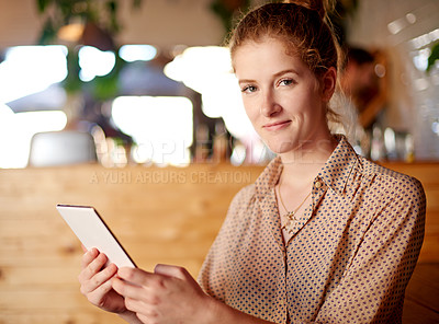 Buy stock photo Coffee shop, tablet and portrait of business woman in cafe for social networking, internet and research. Remote work, happy and person on digital tech for website, connection or contact in restaurant