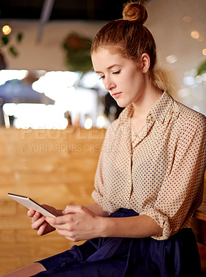 Buy stock photo Coffee shop, online and business woman on tablet in cafe for social networking, internet and research. Remote work, diner and person on digital tech for website, connection and contact in restaurant