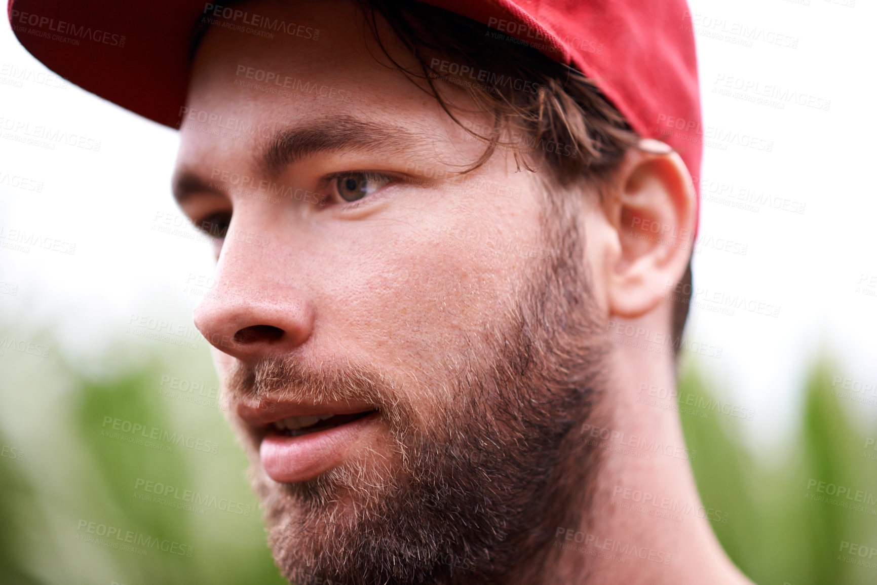 Buy stock photo Man, face and thinking in nature for travel, relax and outdoor to explore in countryside. Person, peace and daydreaming in wilderness for trip planning, wellness and fresh air in natural environment