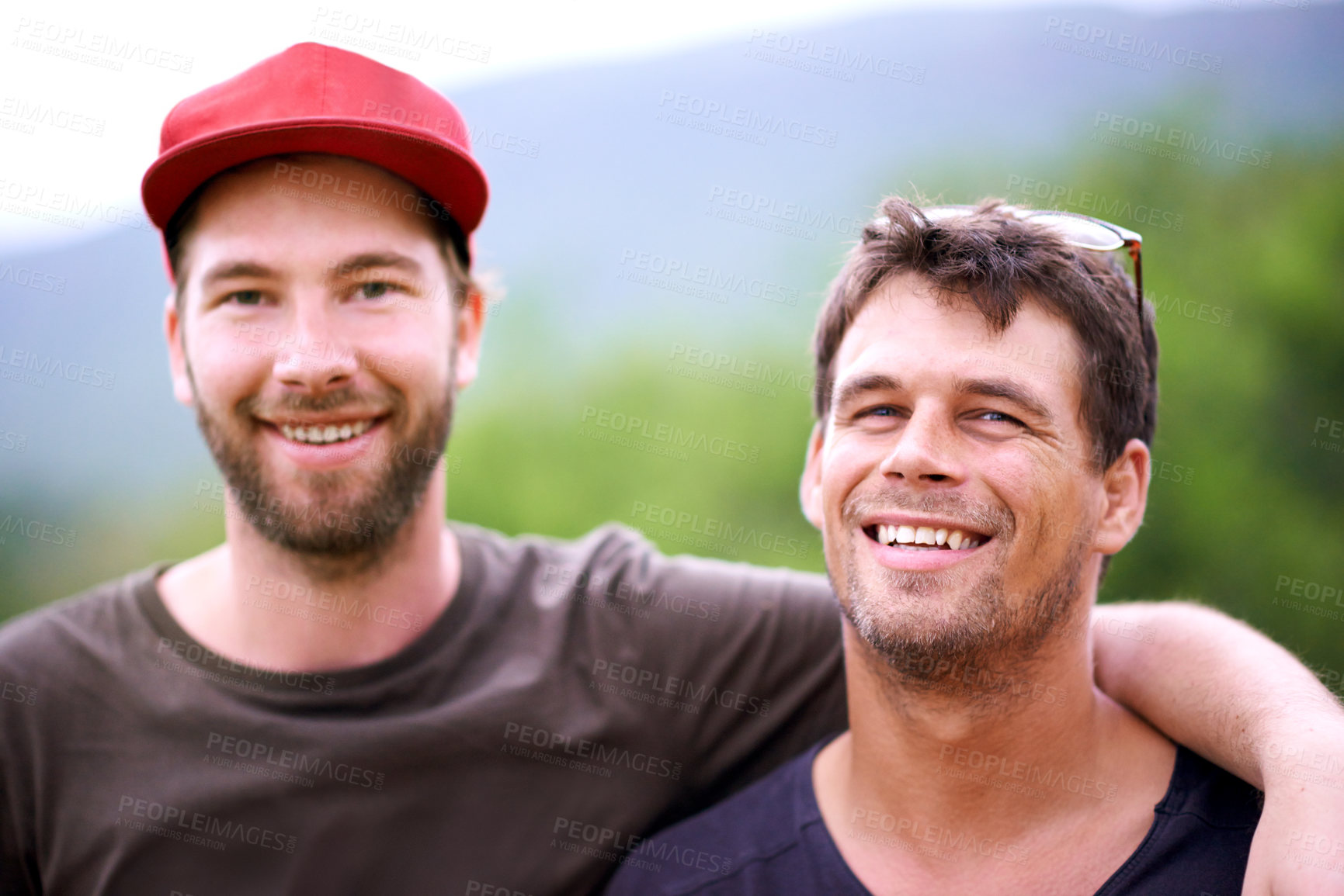 Buy stock photo Outdoor, happy and portrait of friends for relax, bonding and reunion on vacation travel. People, smile and hug in nature with support, countryside holiday and excited for relationship development