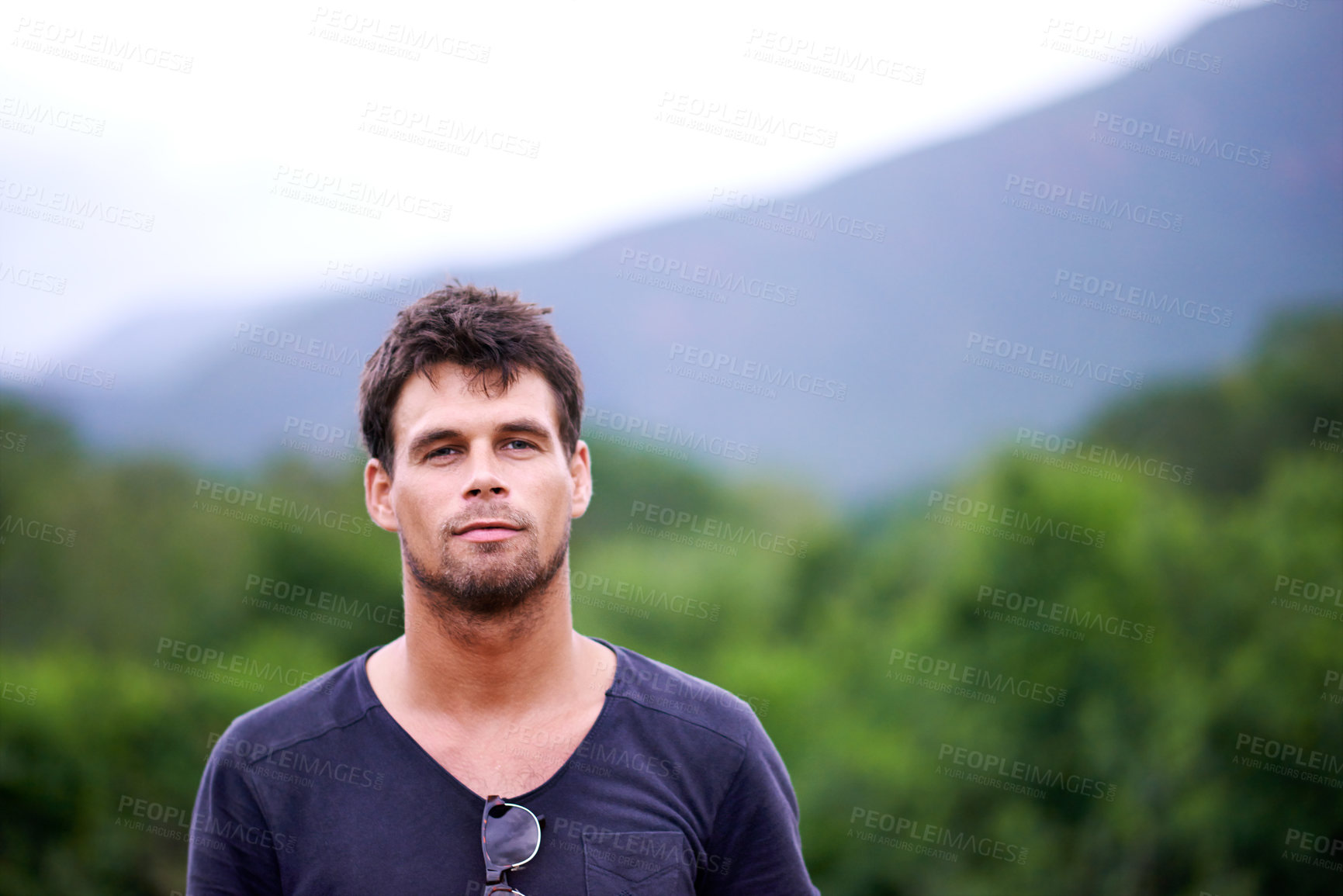 Buy stock photo Portrait, man and hiking in nature for adventure, travel and holiday trip in countryside. Face, trekking and confident person in forest for tourism, vacation journey and exploration in New Zealand