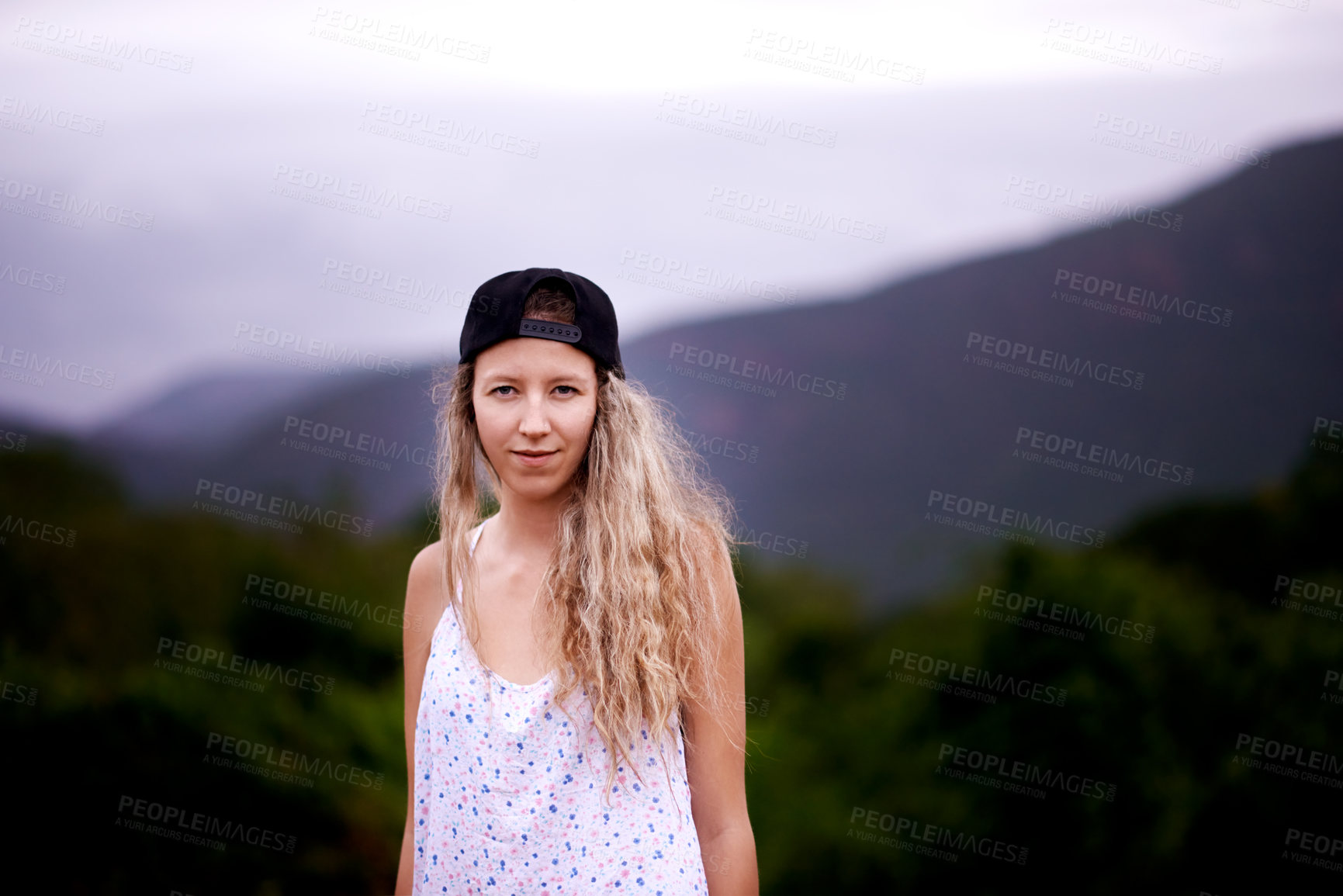 Buy stock photo Adventure, portrait and woman hiking in nature for travel, holiday trip in woods by mountain. Face, trekking and confident girl in forest for tourism, vacation journey and exploration in New Zealand