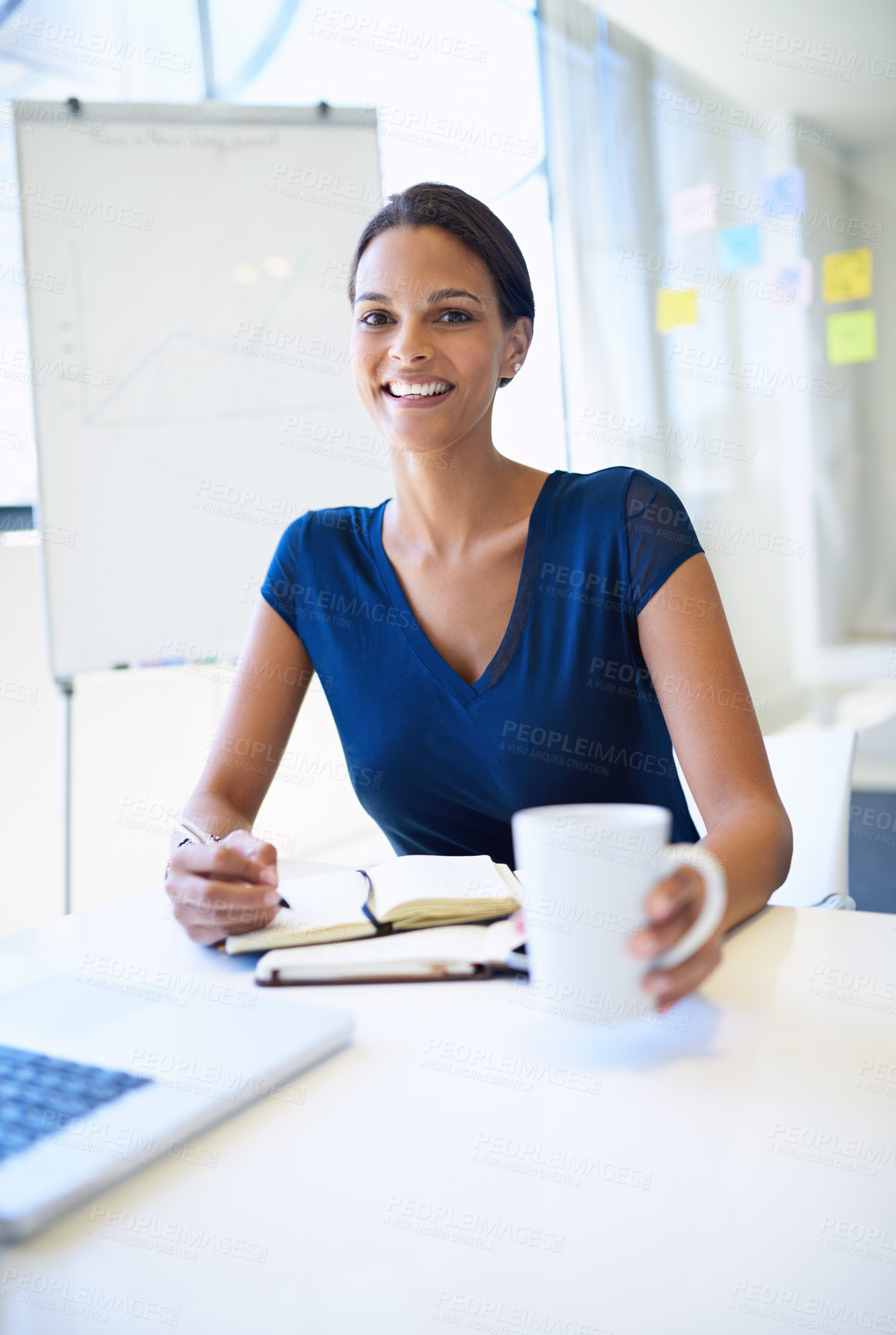 Buy stock photo Happy woman, portrait and book with coffee for planning, schedule or reminder in diary at office. Female person, business or financial planner with smile, notebook or drink for agenda, tasks or ideas