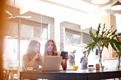 Buy stock photo Laptop, meeting and tablet with sisters in coffee shop together for partnership or small business management. Discussion, planning and technology with twin women in restaurant as store owners