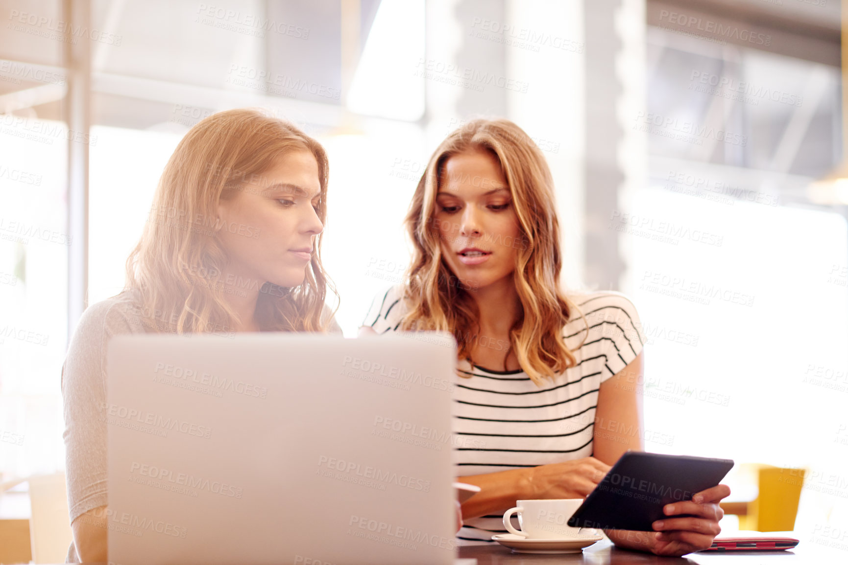 Buy stock photo Internet, meeting and planning with sisters in coffee shop together for partnership or small business management. Conversation, laptop and tablet with woman twins in restaurant as store owners