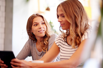 Buy stock photo Meeting, talking and tablet with sisters in coffee shop together for partnership or small business management. Planning, speaking and teamwork with happy woman twin siblings in cafe as store owners