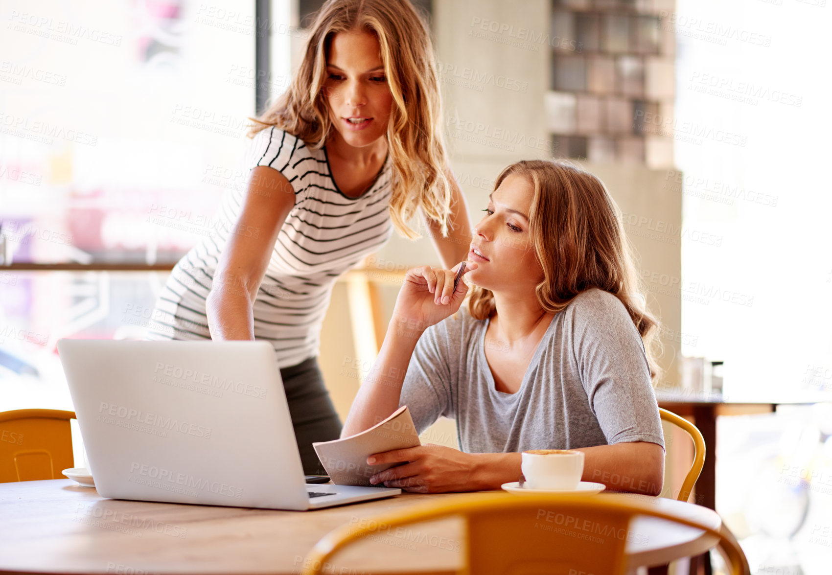 Buy stock photo Laptop, family business and thinking with women in cafe for partnership, customer reviews or idea. Research, planning or hospitality industry with twin sisters in coffee shop for digital inventory