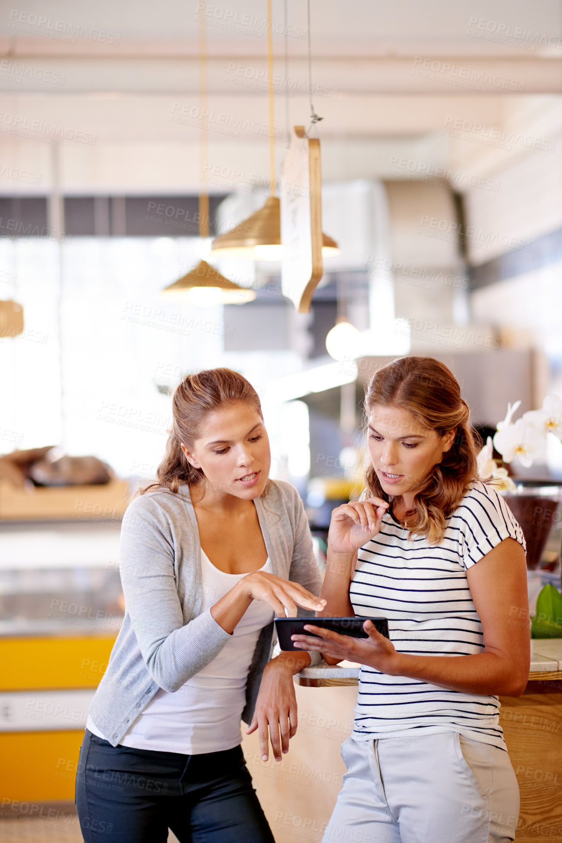 Buy stock photo Tablet, family business and research with women in cafe for partnership, customer reviews or startup. Teamwork, barista and hospitality industry with twin sisters in coffee shop for digital inventory