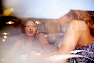Buy stock photo Chat, relax and friends with women in cafe for lunch break, bonding and conversation. Reunion date, gossip and hospitality with people in coffee shop for customer experience, latte and talking