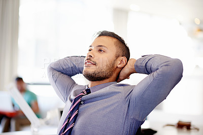 Buy stock photo Relax, finance and businessman in office with finished project for report with company revenue. Rest, achievement and male tax consultant with hands behind head for completed investment in workplace.
