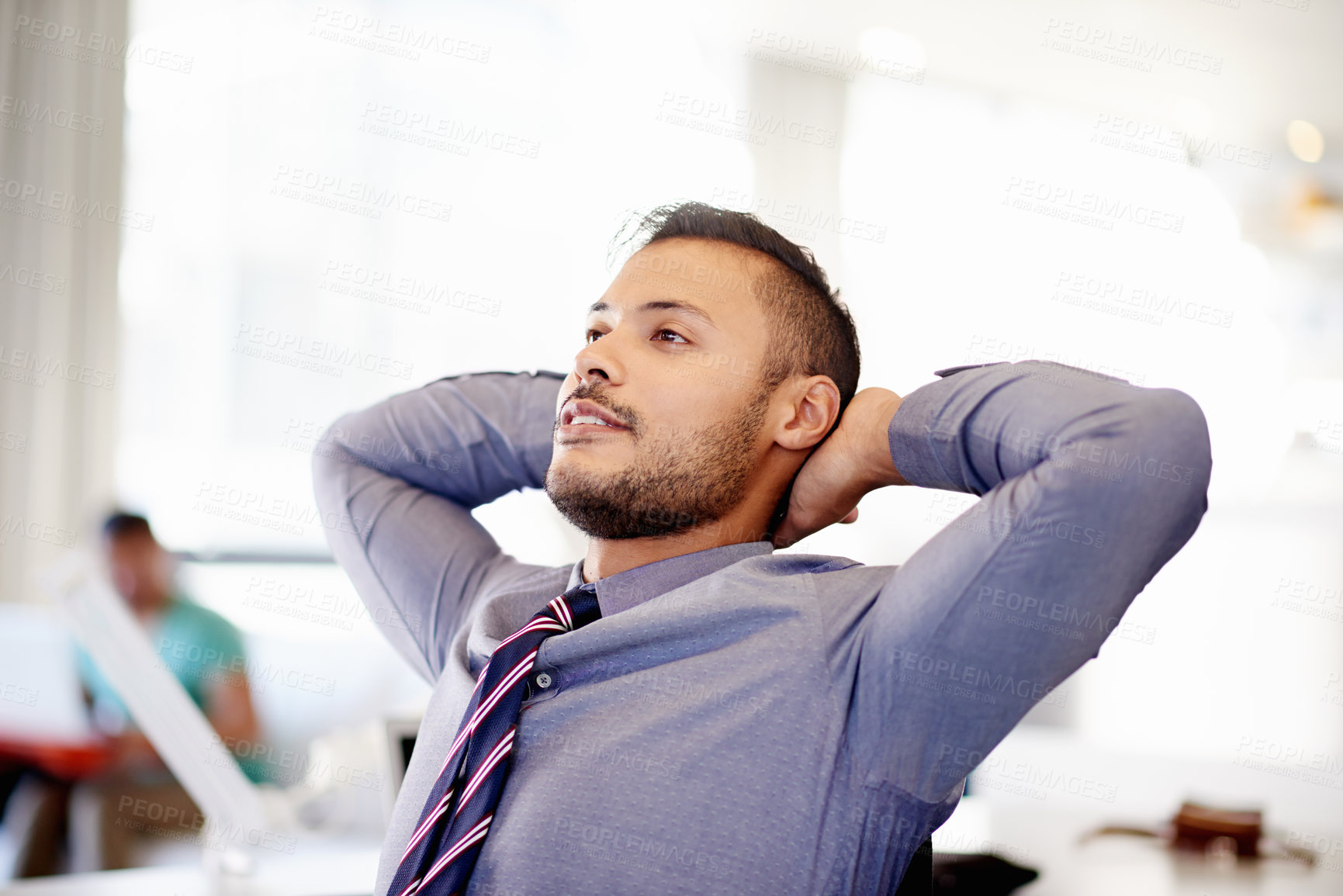 Buy stock photo Relax, finance and businessman in office with finished project for report with company revenue. Rest, achievement and male tax consultant with hands behind head for completed investment in workplace.