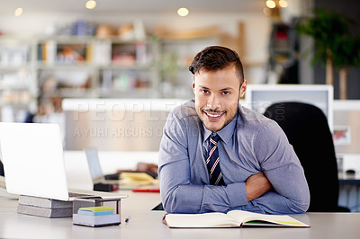 Buy stock photo Portrait, notebook and planning with business man in office for event designer schedule, client notes or budget. Gala agenda list, venue research and project management with person in agency for idea