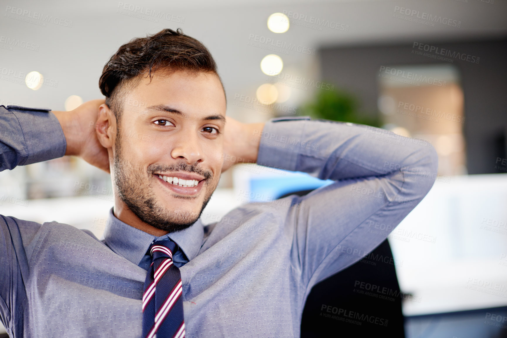 Buy stock photo Relax, happy and portrait of businessman in office with finished financial report with company revenue. Rest, achievement and male finance advisor with hands behind head for completed investment.