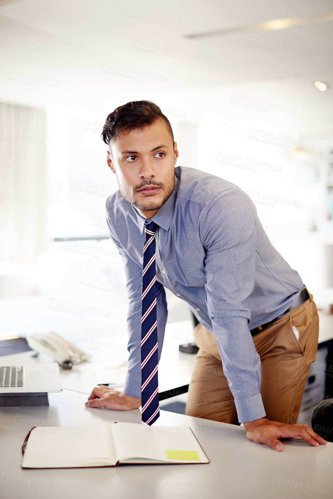 Buy stock photo Thinking, notebook and list with business man in office for event designer schedule, client notes or budget. Gala agenda idea, venue research and project management with person in agency for planning