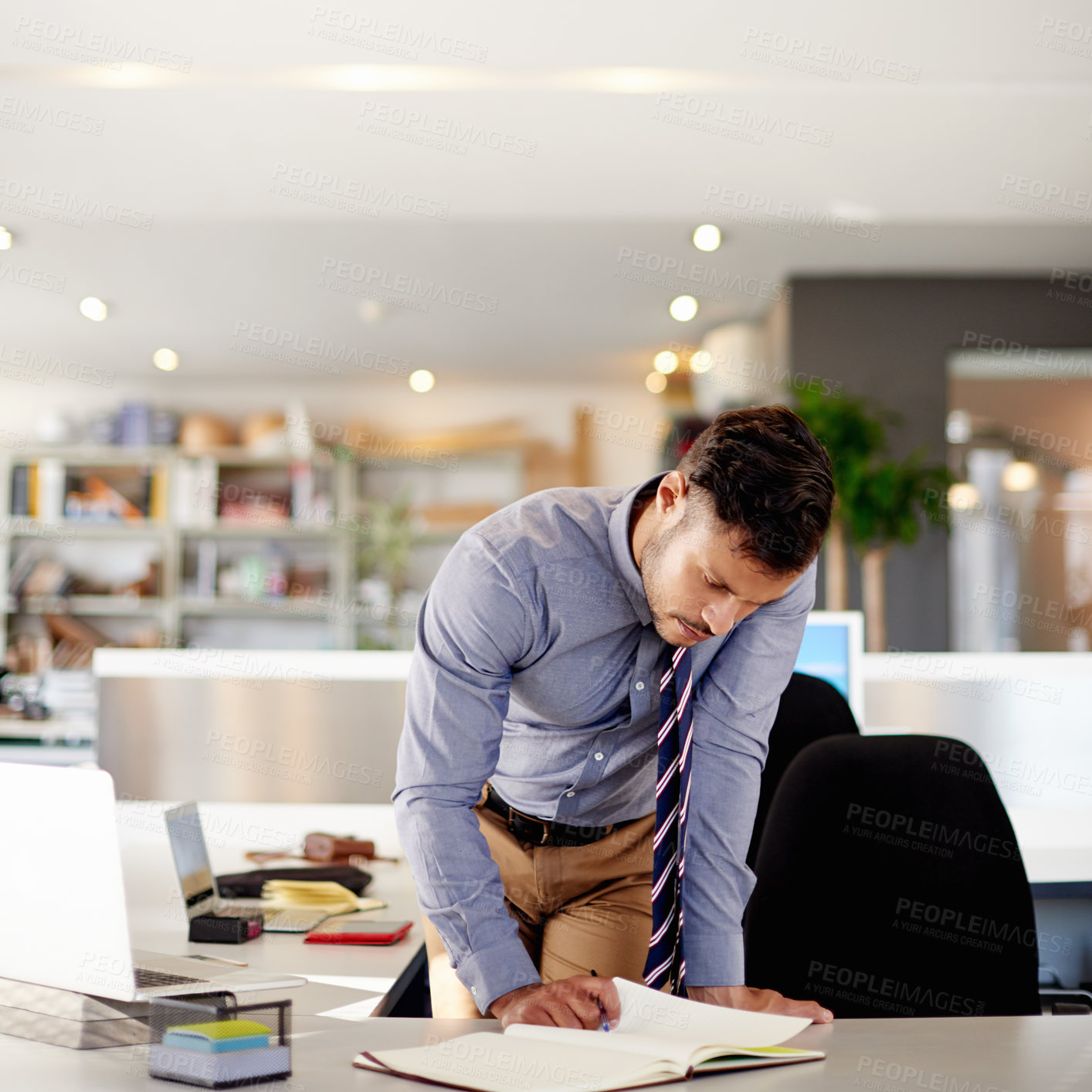 Buy stock photo Reading, notebook and planning with business man in office for event designer schedule, client notes and budget. Gala agenda list, venue research and project management with person in agency for idea