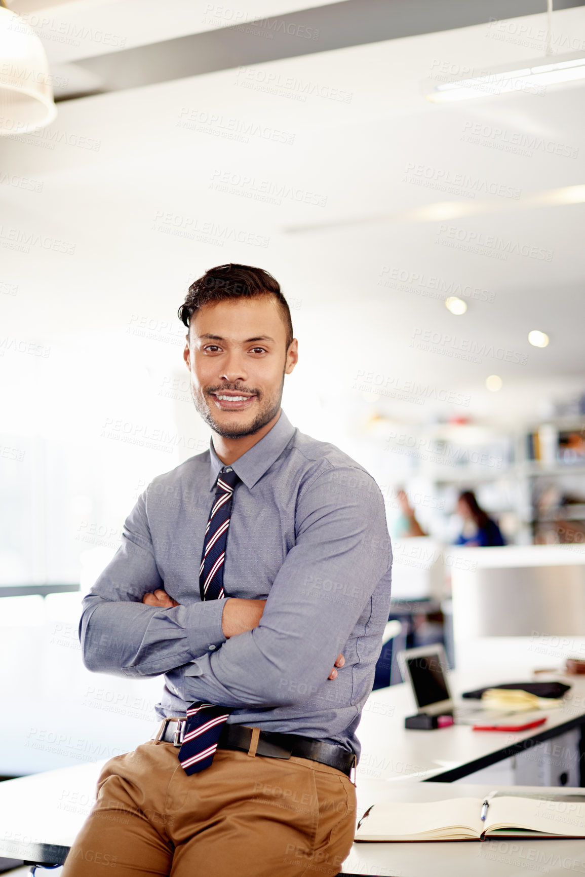 Buy stock photo Man, arms crossed and accountant in office, finance consultant and proud investment worker. Workplace, confident employee and ambition in business portrait, stock exchange trader and project expert
