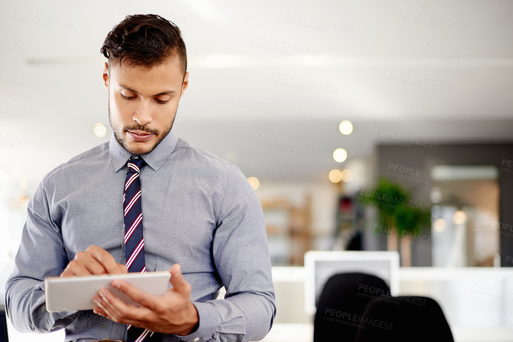 Buy stock photo Business, typing and man in office, tablet and planning for renovation project, online reading and website info. Person, architecture or employee in workplace, tech and digital app for safety report