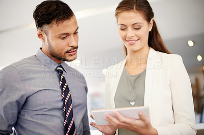 Buy stock photo Teamwork, tablet and business people planning, talk or brainstorming ideas in office. Cooperation, technology or happy worker in discussion with project manager for schedule or budget cost in meeting
