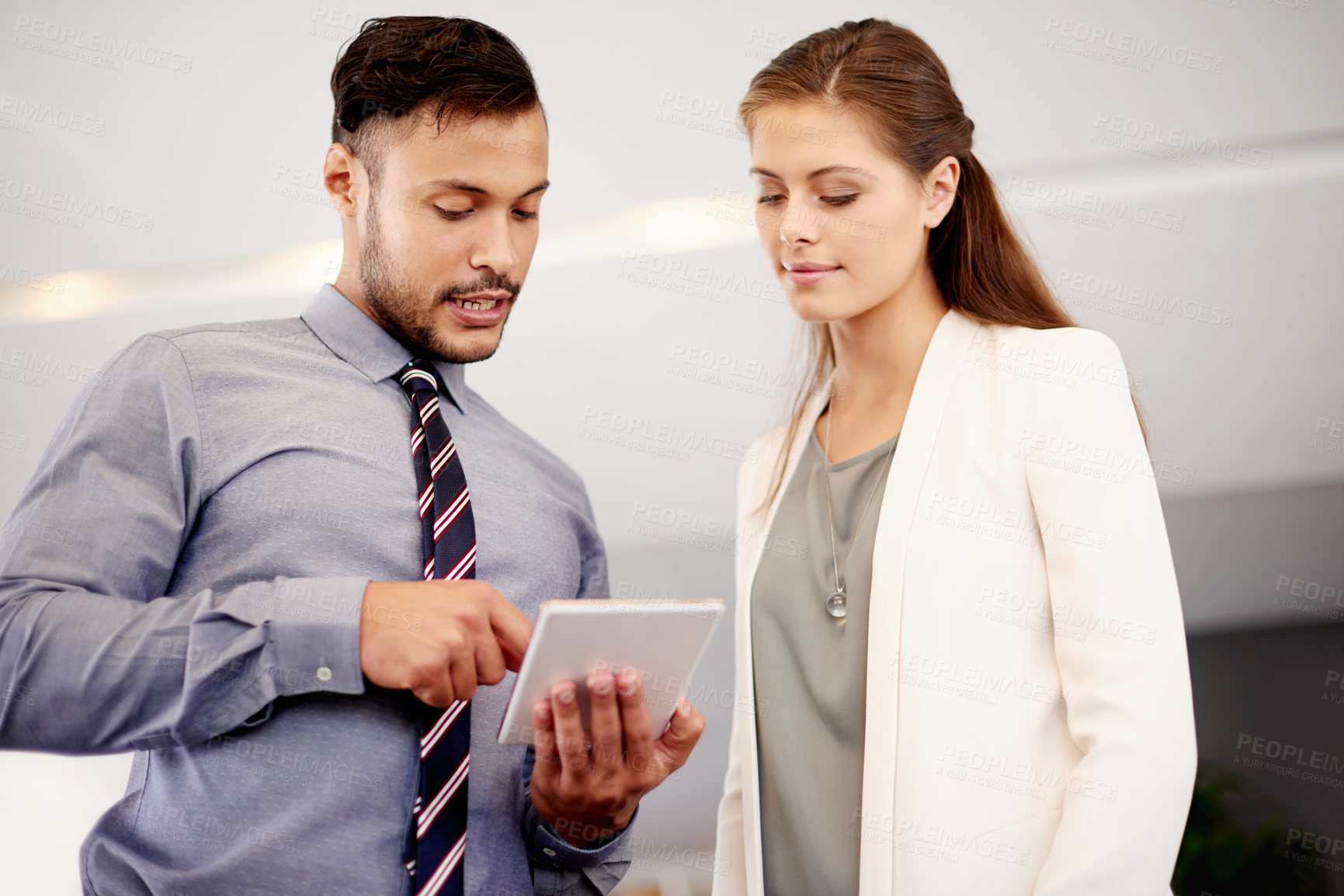 Buy stock photo Tablet, team and business people brainstorming, talk and solution in office. Cooperation, technology and worker planning with financial manager for schedule, sales budget and profit update in meeting