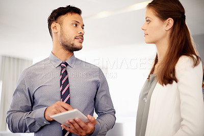 Buy stock photo Office, tablet and business people for project feedback, research advice and email on internet. Workplace, website and creative woman on digital tech for social networking, connection and contact