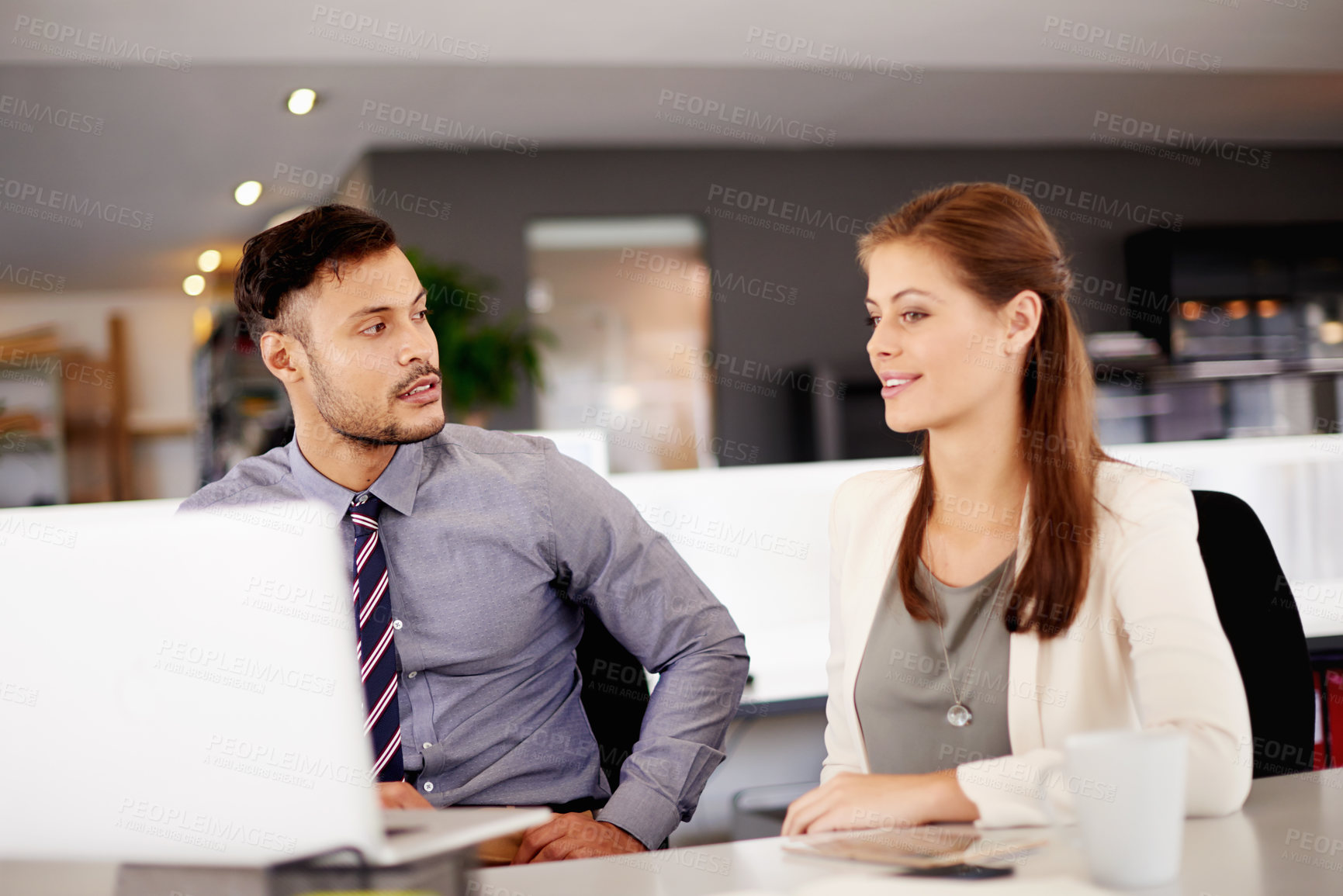 Buy stock photo Teamwork, laptop and business people in meeting, planning and banking solution in office. Cooperation, workers and discussion with finance manager for payroll schedule, profit and revenue in account