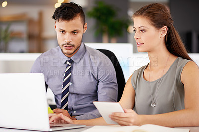 Buy stock photo Teamwork, laptop and business people planning, research and solution in office. Cooperation, workers and discussion with product manager for schedule review, project budget and development on tablet