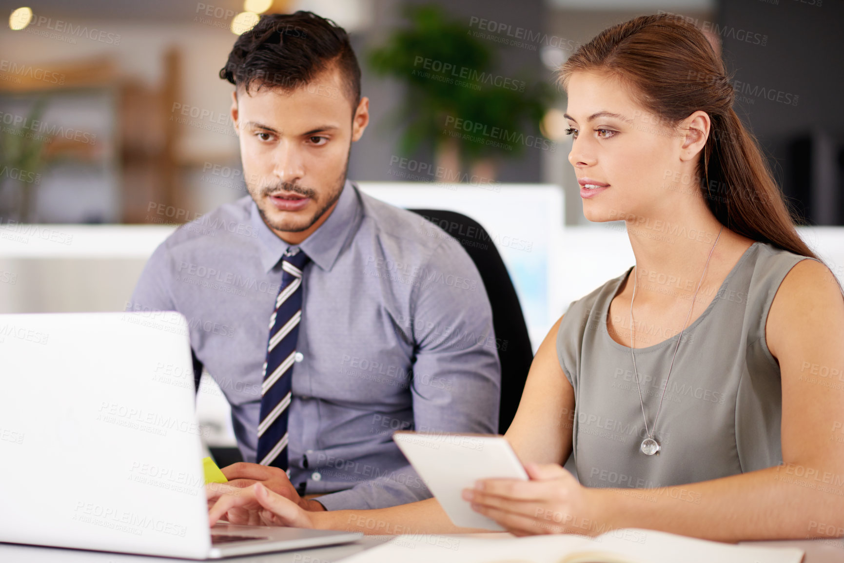 Buy stock photo Teamwork, laptop and business people planning, research and solution in office. Cooperation, workers and discussion with product manager for schedule review, project budget and development on tablet