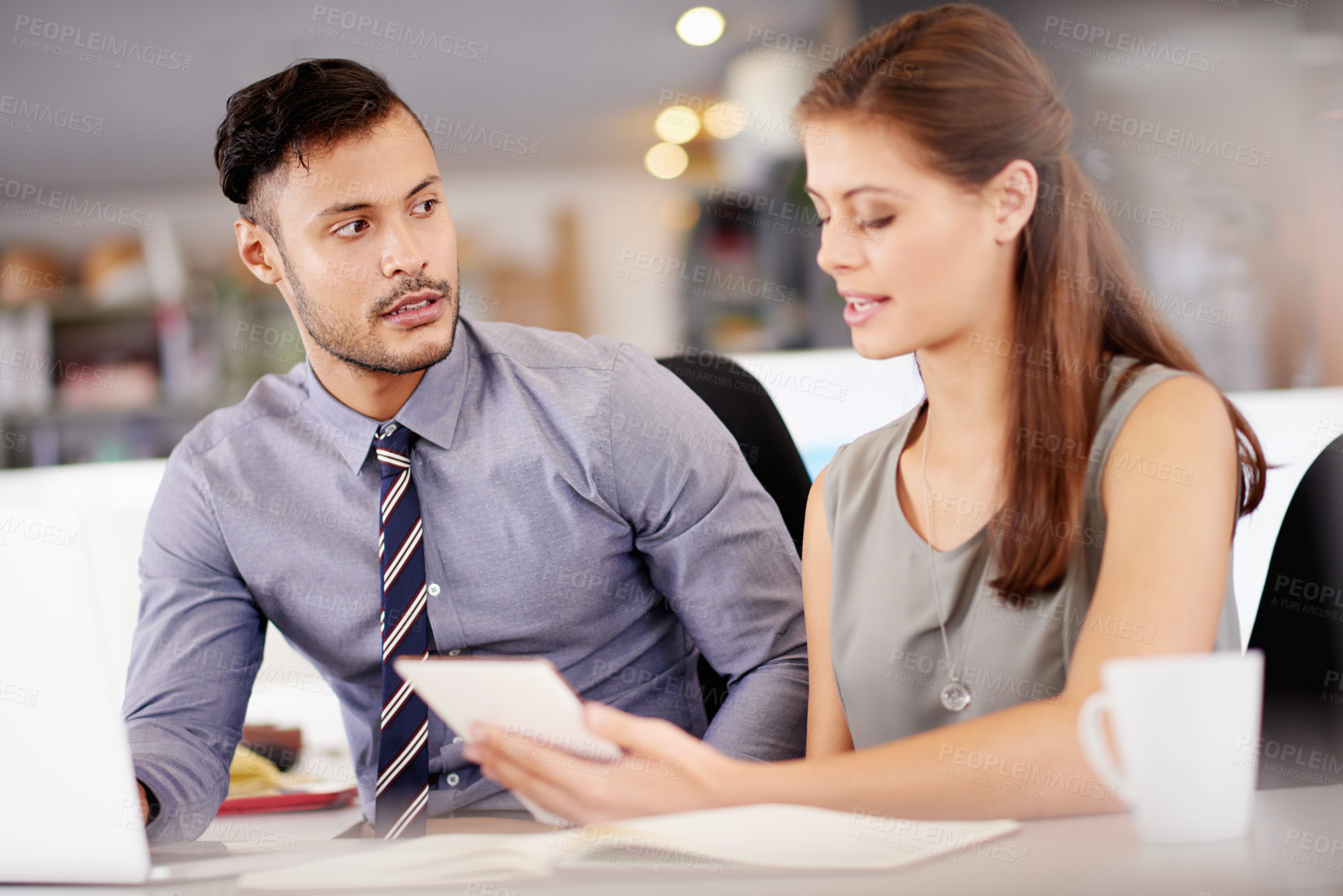 Buy stock photo Business, people and meeting with tablet in office for equity report review, risk tolerance advice and debt management. Financial advisor, teamwork and digital app for market research and compliance