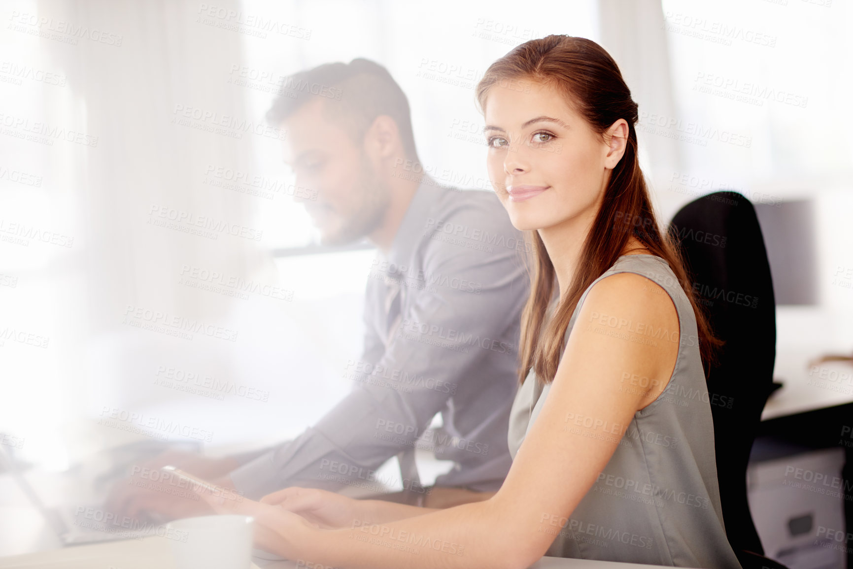 Buy stock photo Accounting, portrait and tablet with business woman at desk in office for administration or research. Bank, finance and planning with confident accountant in corporate workplace for audit or tax