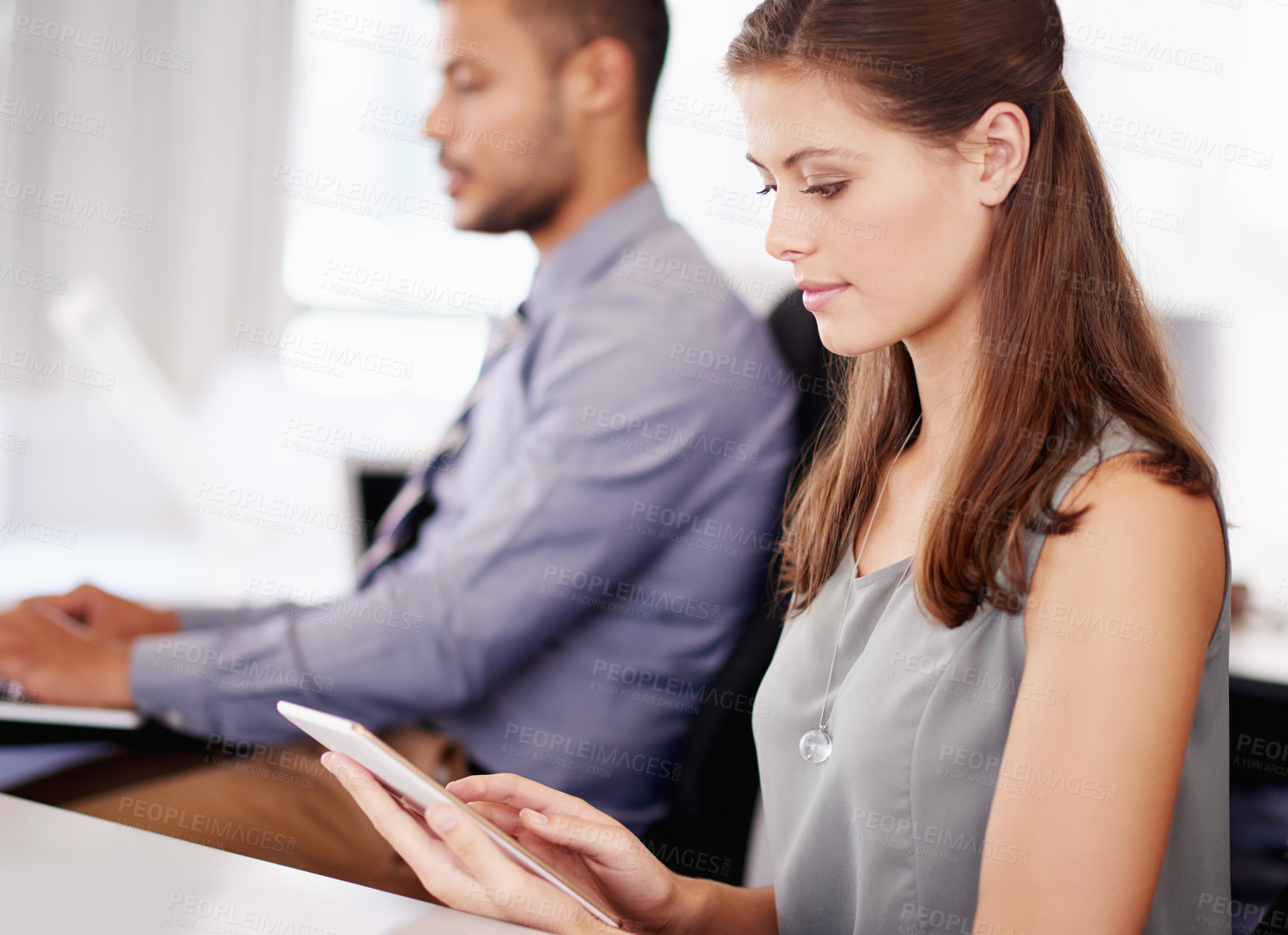 Buy stock photo Business people, internet and woman in office, tablet and network for website info. Coworkers, consultant and employee with tech, connection and email for approval, productivity and app for schedule