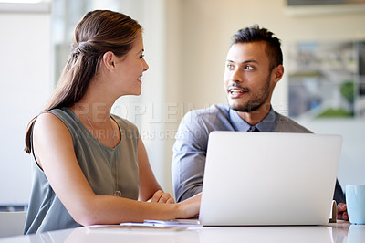 Buy stock photo People, meeting and laptop in office, business collaboration and article support in boardroom. Online, team discussion and research plan for news story in workplace, reporters and spell check on site