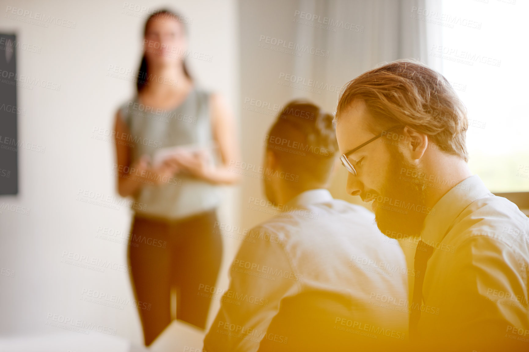 Buy stock photo Business people, listening and meeting with presentation at workshop for staff training or collaboration at office. Group, audience or employees with speaker talking for team delegation at seminar