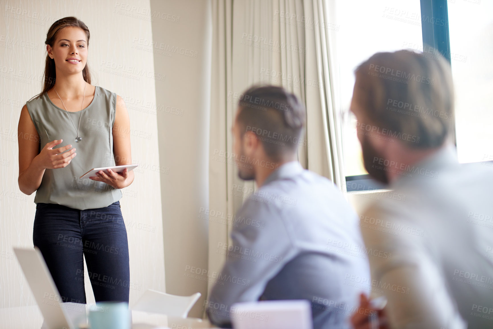 Buy stock photo Business people, presentation and woman with tablet, feedback for project and review subscription stats. Employees, coworkers and consultant with tech, advice for revenue increase and company growth