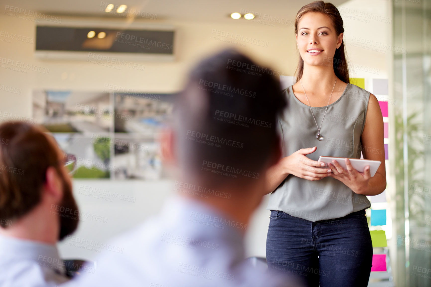 Buy stock photo Architecture, presentation and tablet with woman in office for client proposal, progress update and planning. Construction project, renovation timeline and engineering firm with business people