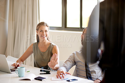 Buy stock photo Business people, meeting and woman with teamwork, presentation or questions. Employees, speaker or consulting with corporate training, seminar for office productivity or proposal feedback with laptop