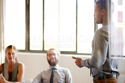 Buy stock photo Business people, feedback and group with teamwork, presentation and cooperation. Employees, speaker and consulting with corporate training, seminar for office productivity and proposal for growth