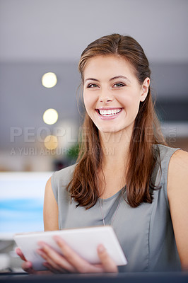 Buy stock photo Business, woman and portrait with tablet at desk for appointment schedule or database management. Human resources, admin assistant or tech for meeting booking, agenda preparation or calendar planning