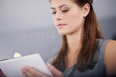 Buy stock photo Tablet, creative and business woman in office for event planning, party coordinator and schedule. Digital technology, research and worker online for design, venue decor and reading email in startup