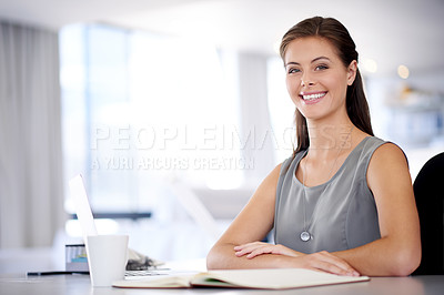 Buy stock photo Book, portrait and smile of business woman at desk in office for accounting, investment or savings. Agenda, calendar and schedule with happy bank employee in workplace for financial management