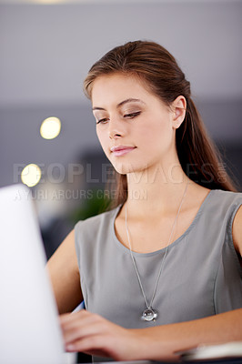 Buy stock photo Laptop, research and typing with business woman in office for banking manager, fraud prevention and fund transaction. Finance portfolio, credit report and customer records with person in agency