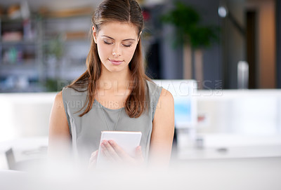 Buy stock photo Tablet, reading and business woman research in office for event planning, party coordinator and schedule. Digital technology, startup and worker online for venue design, update and creative email