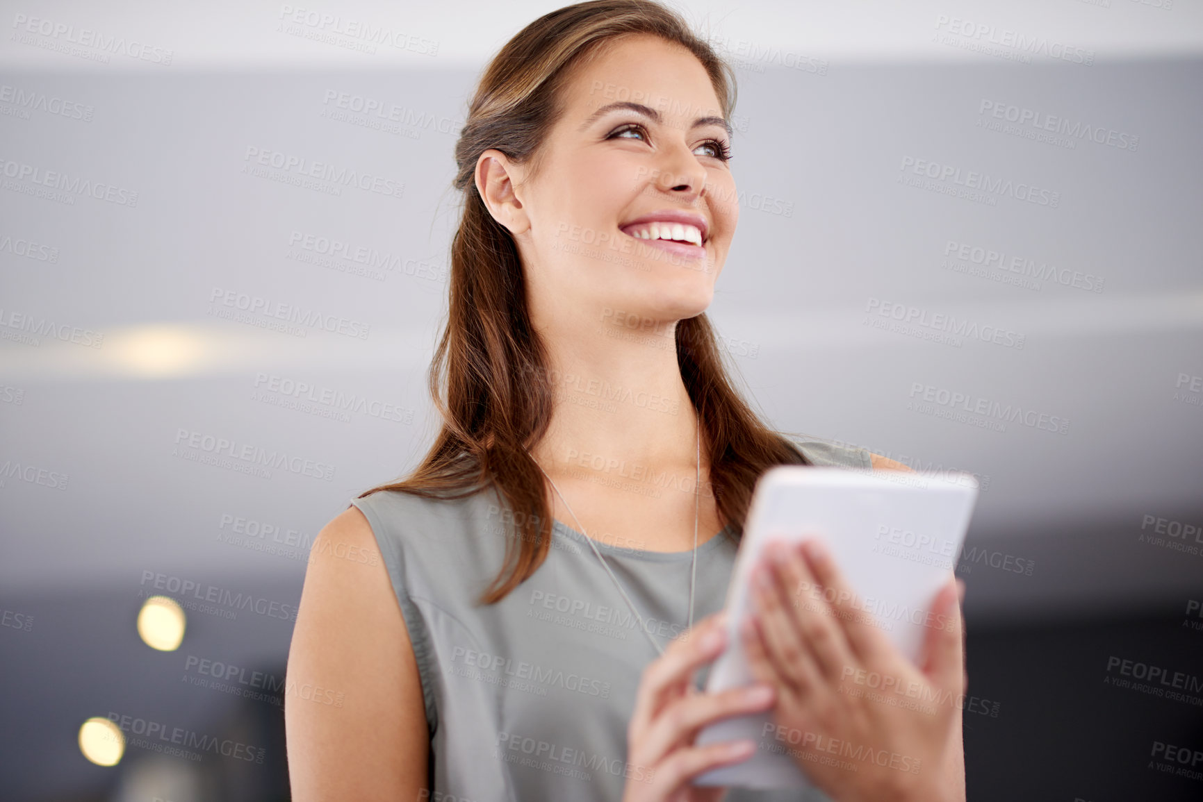 Buy stock photo Smile, tablet and thinking with business woman in office for planning, report or review of information. Future, idea and vision with happy bank employee in workplace for financial management